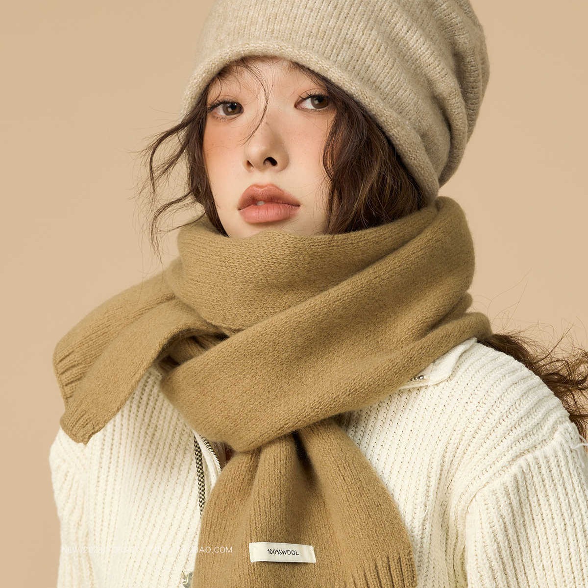 Winter solid color keep warm khaki retro scarf