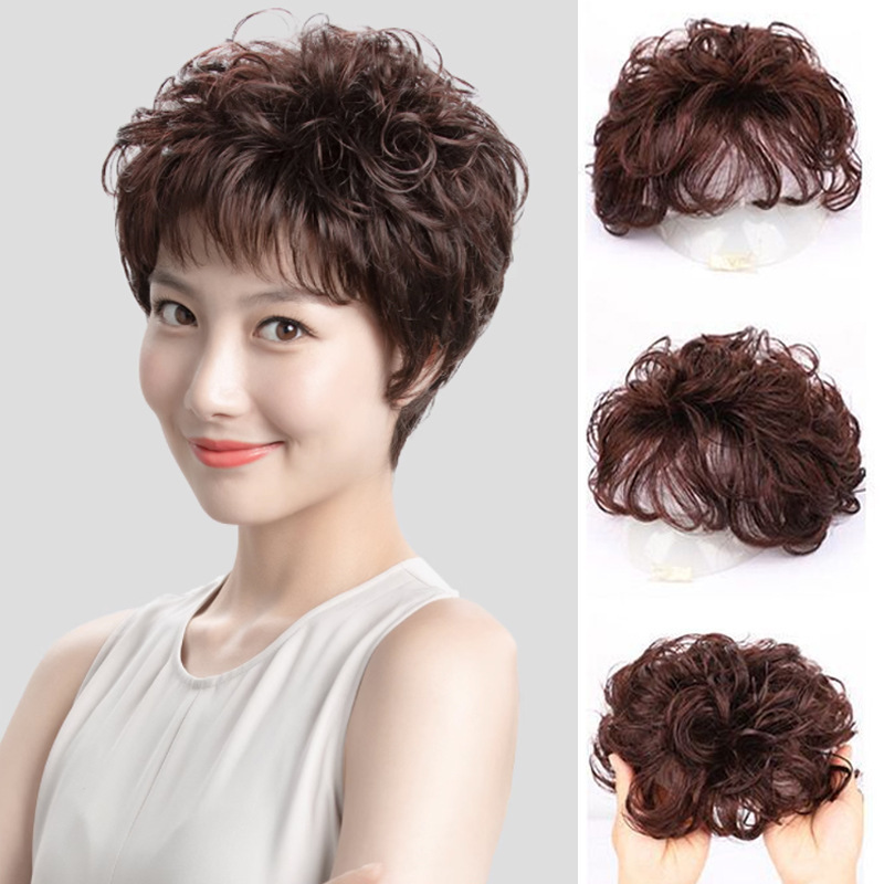 Middle-Aged and Elderly Mothers' Wigs, Women's Headgear, Simulated Human Hair to Cover White Hair, Short Curly Hair Replacement Blocks, Realistic Cover for the Top of the Head