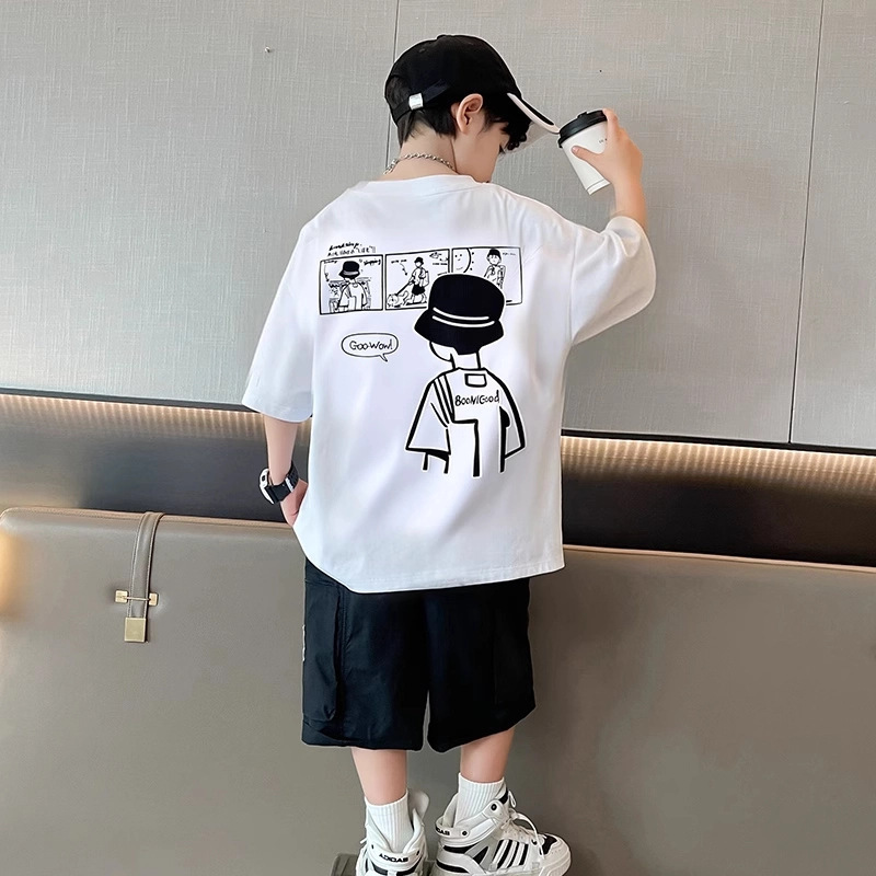 子供服男の子夏の漫画綿 100% 半袖 T シャツ 2025 新しい中型および大型子供プリント男の子トップス|undefined