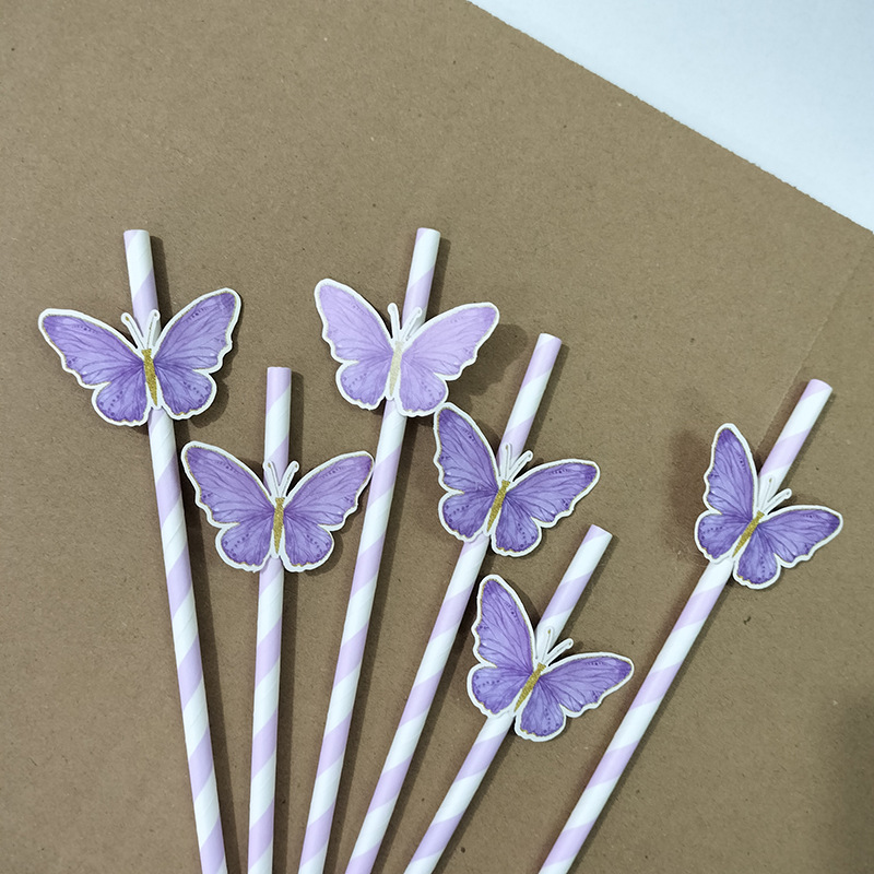 Pajita de papel de tarjeta de mariposa de punto transfronterizo Postre degradable desechable Pajita de decoración de fiesta de bar