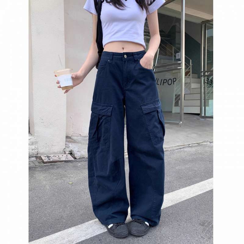 美式复古休闲裤工装裤女装秋季高腰宽松阔腿裤拖地裤多口袋牛仔裤