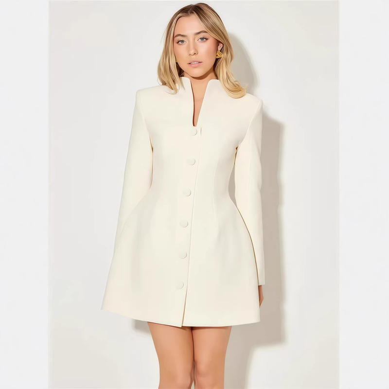 European and American Amazon Sexy Dress 2026 Slim Fit A-Line Skirt Elegant Short Dress Solid Color Single-Breasted Dress