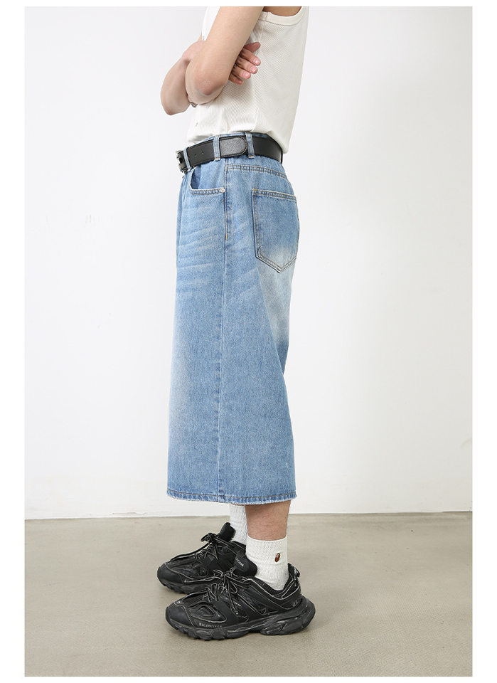 Quần short jean nữ ống rộng lửng cá tính phong cách đường phố — Làm cũ, Màu trắng, Rằn ri, Xanh lam cổ điển chi tiết 11