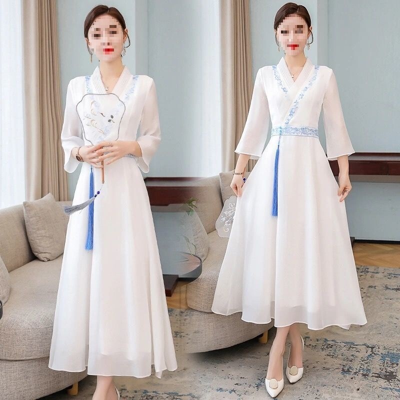 Spring and Autumn Tea Ceremony Women's Zen Clothing, Improved Hanfu Embroidered Chiffon Dress, Elegant Daily Wear with Han Elements and Zen Style