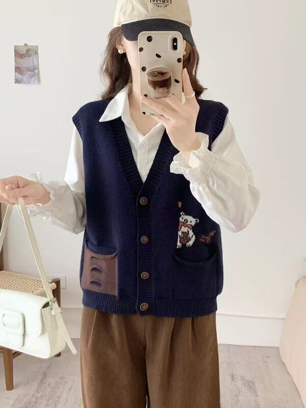针织马甲开衫女外搭2025春季新款V领宽松学院慵懒风无袖坎肩外套|undefined