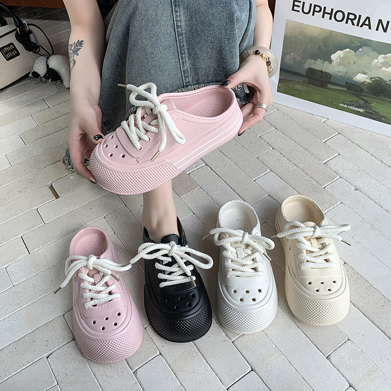 New Women's Hole Shoes Summer Thick-soled Fashionable Shoelace Accessories Soft and Comfortable Non-slip Outdoor Slippers for Hair