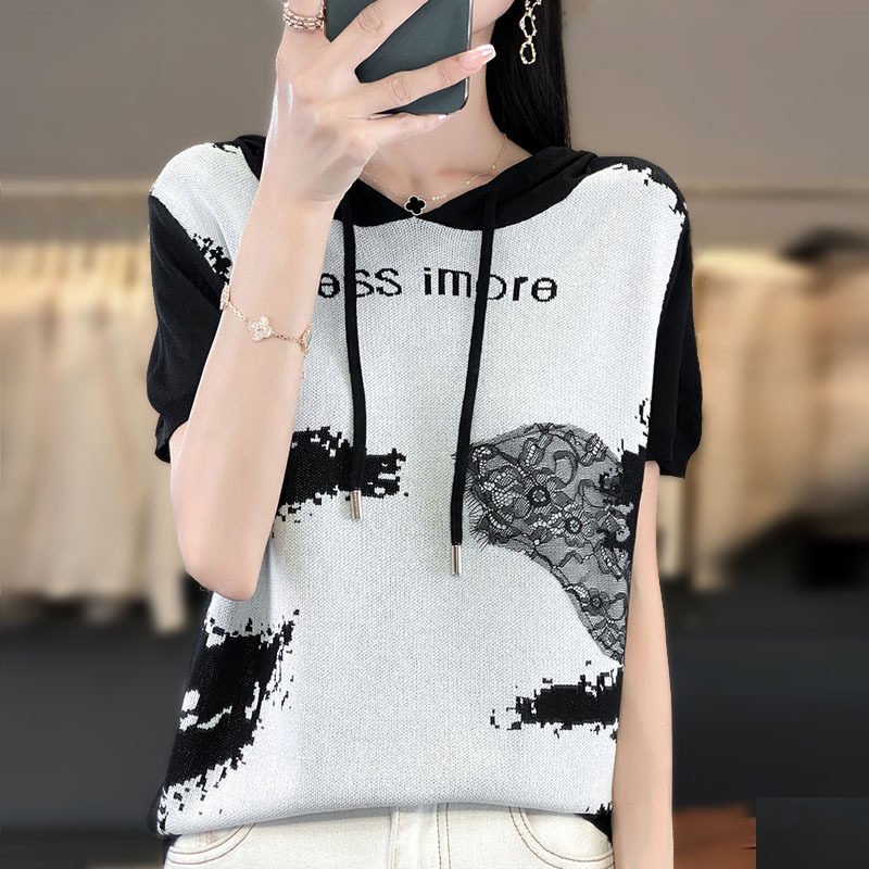 Summer New Women's Clothing Curved Beads Ice Linen Silk Short-Sleeved Women's Knitwear Hoodie T-Shirt Women's Lace Ink Retro Wholesale