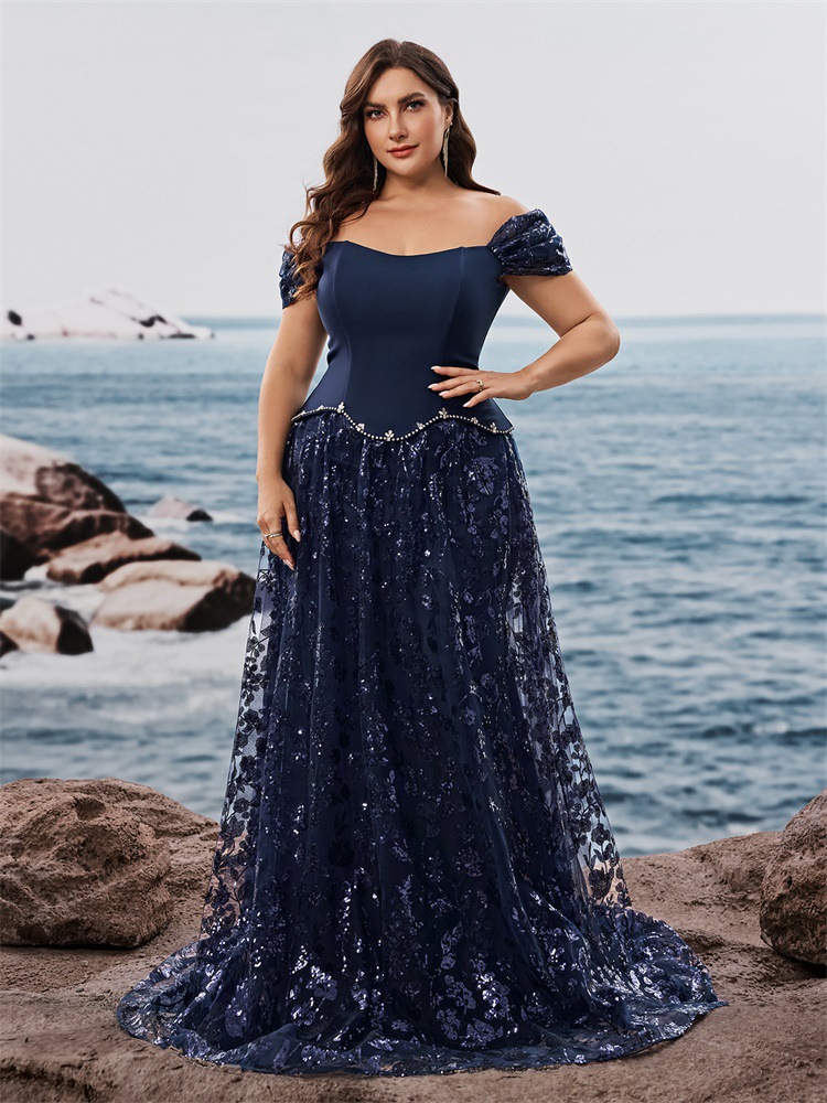 Cross-Border Amazon Fat Woman Plus Size Elegant Sequin Splicing Fake Two-Piece Cocktail Dinner Dress Mom Dress