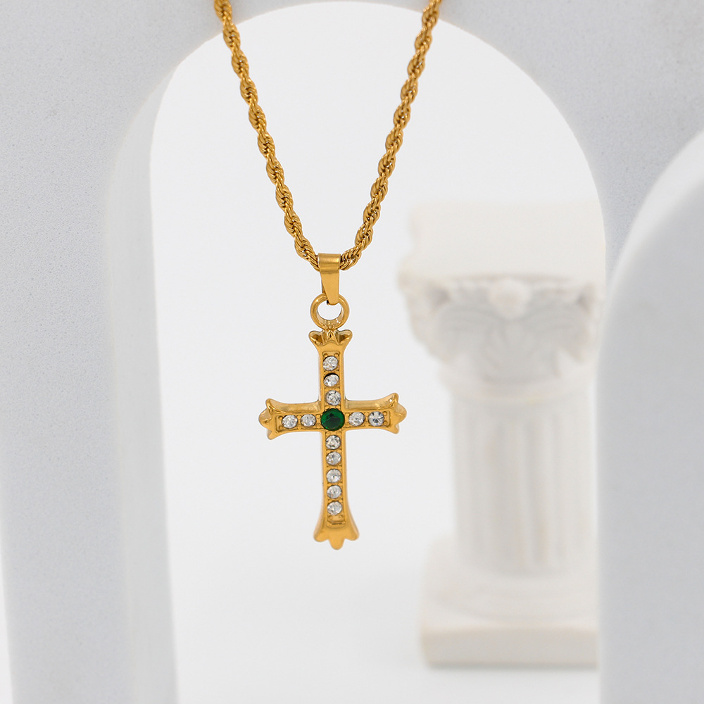 Fashion Cross Stainless Steel Plating Zircon Pendant Necklace_colorza_5