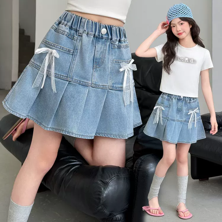 女童牛仔短裙2026夏季新款中大童半身裙韩系钉蝴蝶结百褶裙A字裙