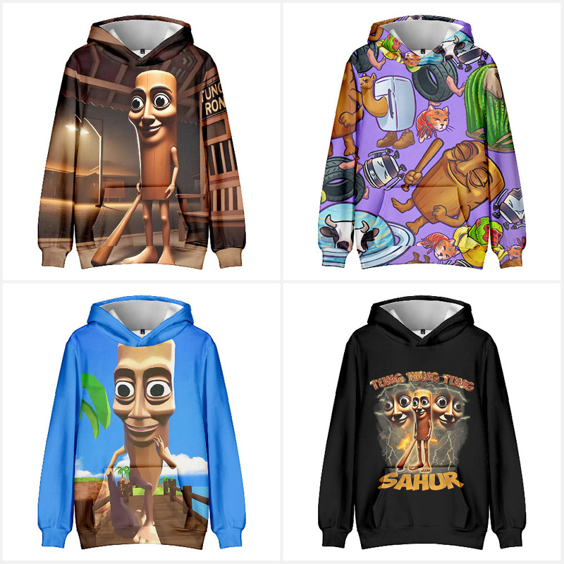 3D New Product Cross-Border 2025 Shanhaijing Wooden Stick Man Tungtungtung Hooded Sweatshirt Adult and Kidsren's Sweatshirt