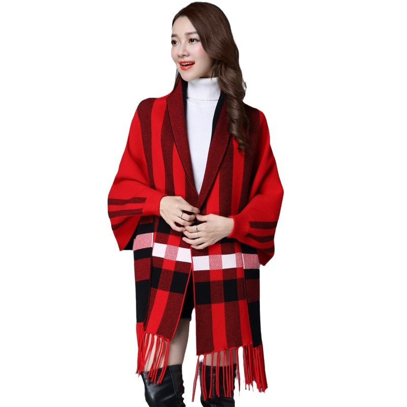 Damen Kaschmir Schal Mit Ärmeln Gestreifter Fransen Poncho Umhang_voghion.com