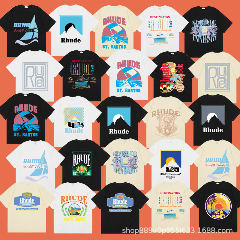 Rhude High-Quality American-Style Trendy Brand Sunset Palm Tree Street-Style Loose T-Shirt Unisex Couple's Matching Short-Sleeve Shirt Rhude High-Quality American-Style Trendy Brand Sunset Palm Tree Street-Style Loose T-Shirt Unisex Couple's Matching Short-Sleeve Shirt