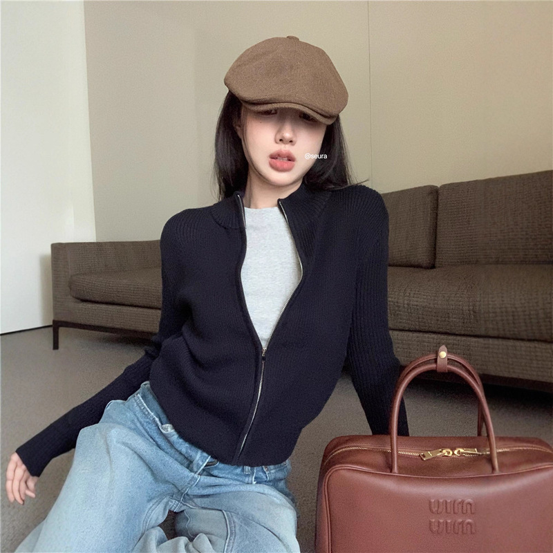 Early Autumn Slimming Look Short Long-Sleeved Sweater American Retro Black Zipper Knitted Cardigan Jacket Top for Women