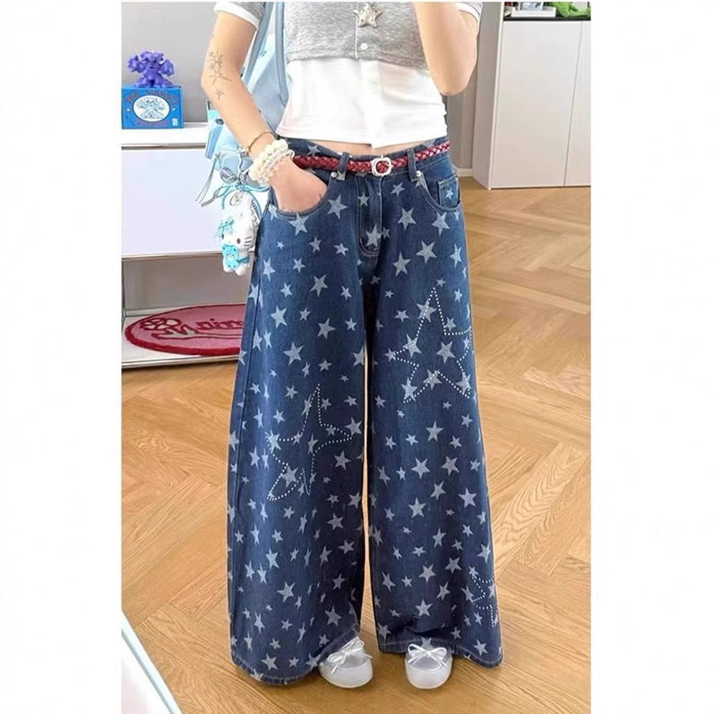 American Retro Star Hot Diamond Washed Silhouette Scimitar Jeans for Women 2025 Summer Loose Draped Wide-Leg Pants