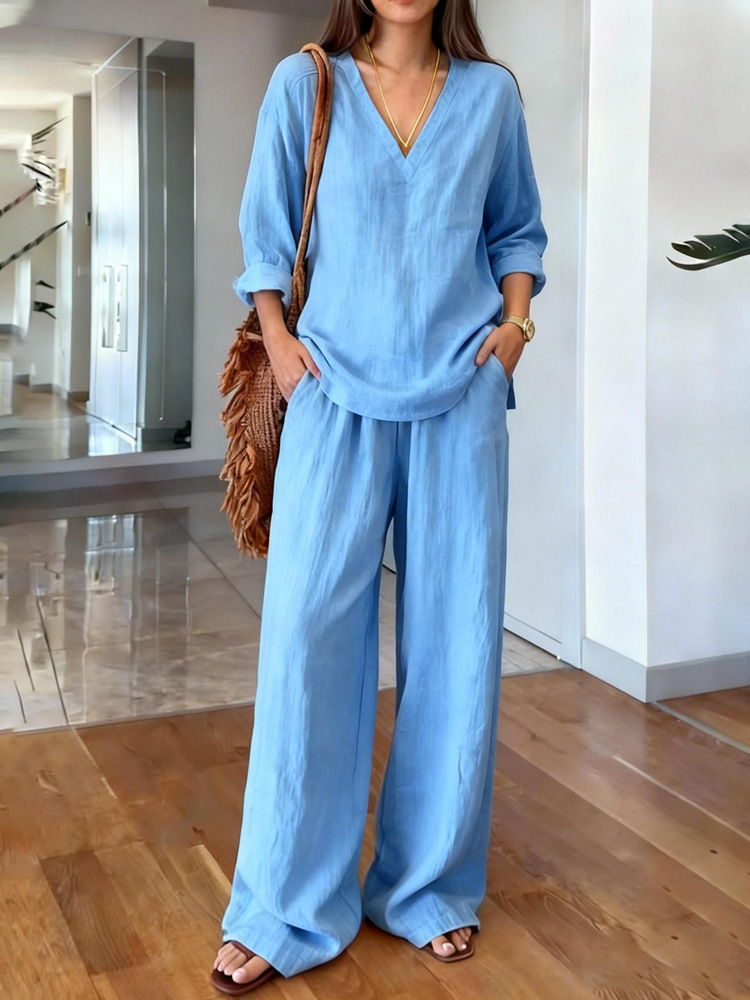Casual Washed Cotton V Neck Pullover And Trouser Set For Women_voghion.com