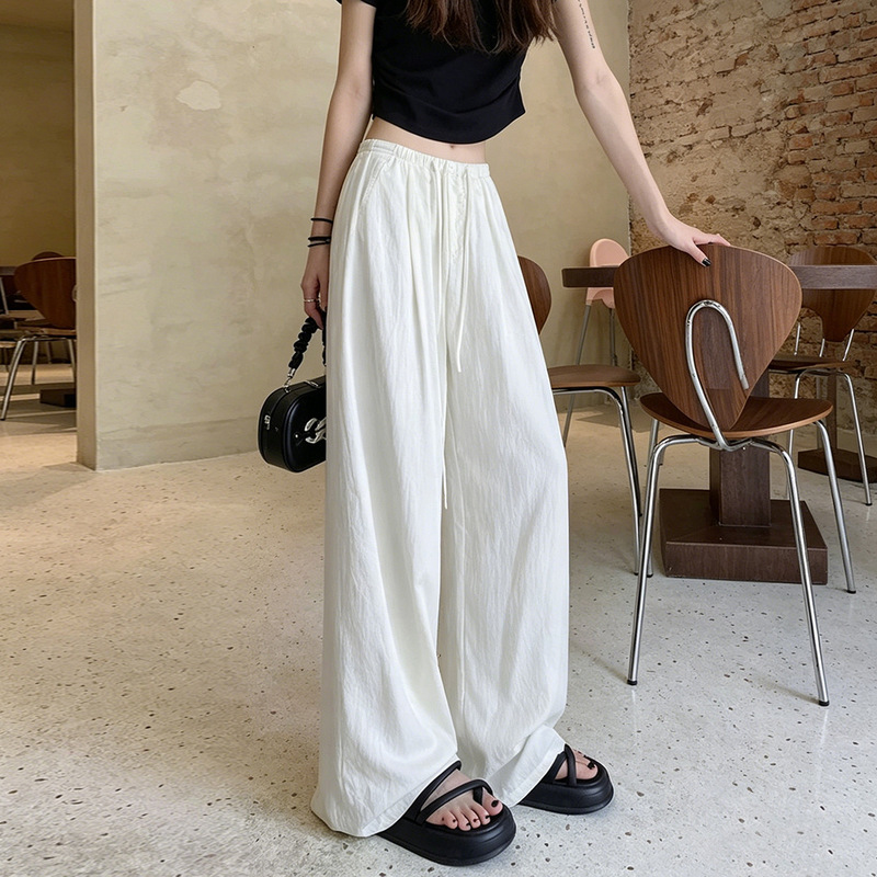 2026 Summer White High-Waisted Wide-Leg Pants for Women, Loose Linen Drapey Lazy Style Casual Straight-Leg Pants