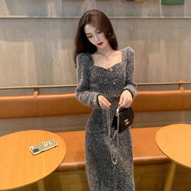 RH6615灰色针织连衣裙女新款秋季法式高级感长袖气质内搭打底毛衣