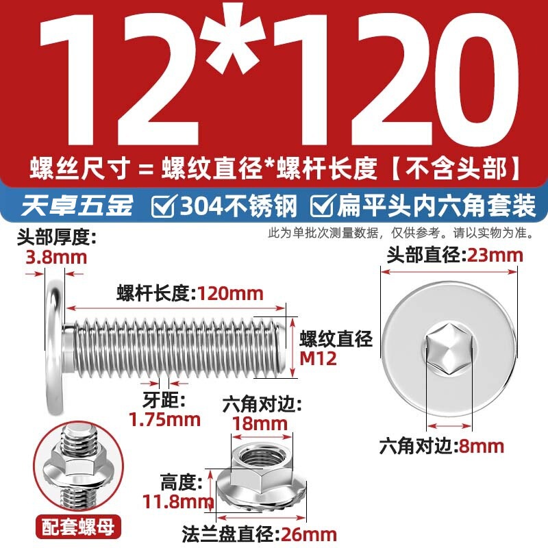 304不锈钢CM大平头超薄头C头扁平头内六角螺丝钉法兰边螺母套装M5|undefined