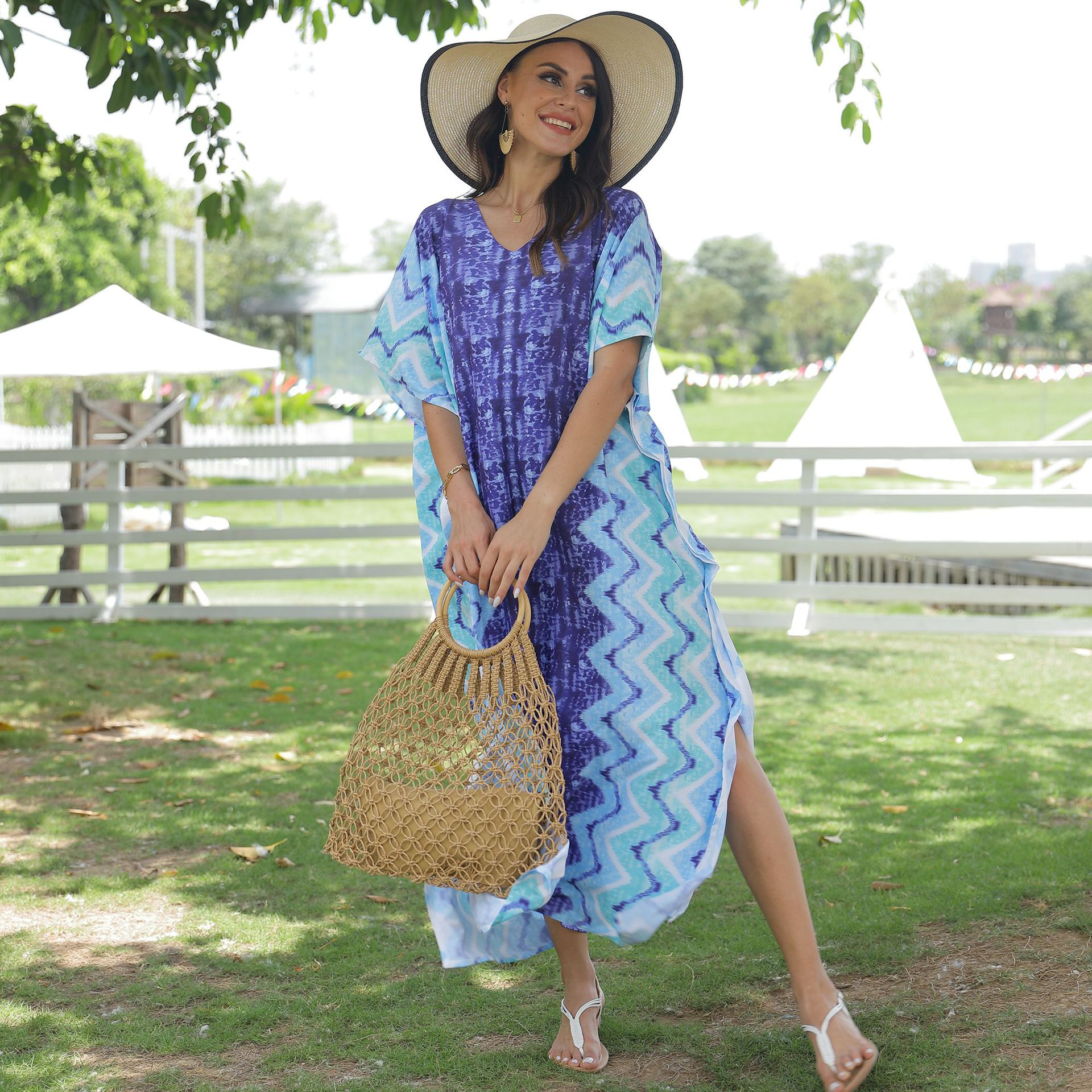 Transfronterizo europeo y americano de secado rápido posicionamiento flor playa vacaciones vestido túnica suelta más tamaño bikini blusa protección solar camisa 5D77