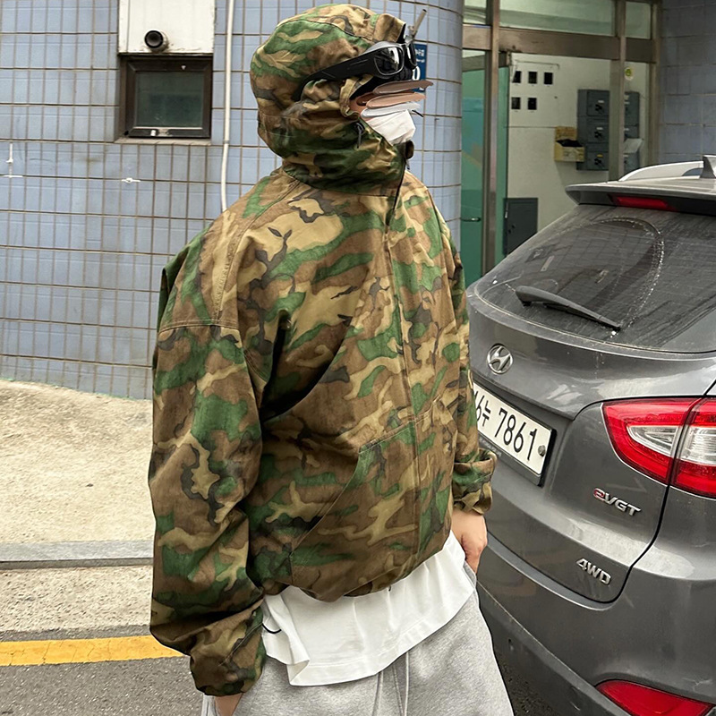 NONNOD Niche Trendy Brand American Retro Short Wide Loose Profile Camouflage Charge Clothes Drawstring Work Jacket Coat