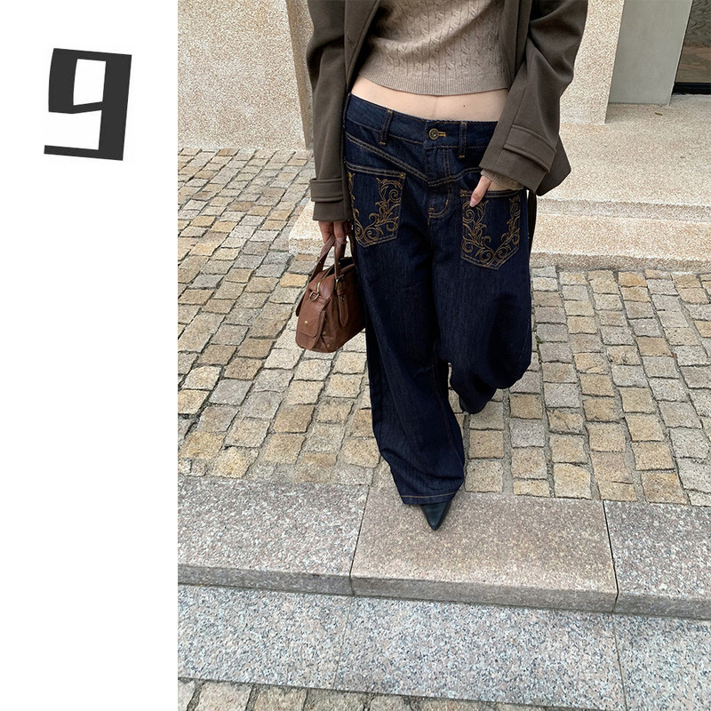 [9Hour] Personalized Embroidered Flap Pocket Pants Scimitar Jeans for Women 2025 Winter Balloon Wide Leg Pants for Women Cx1011