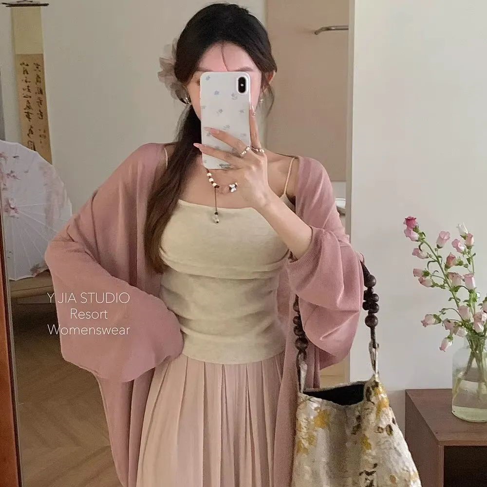 新款中长款针织防晒开衫女薄款披肩夏季外搭罩衫冰丝空调上衣外套