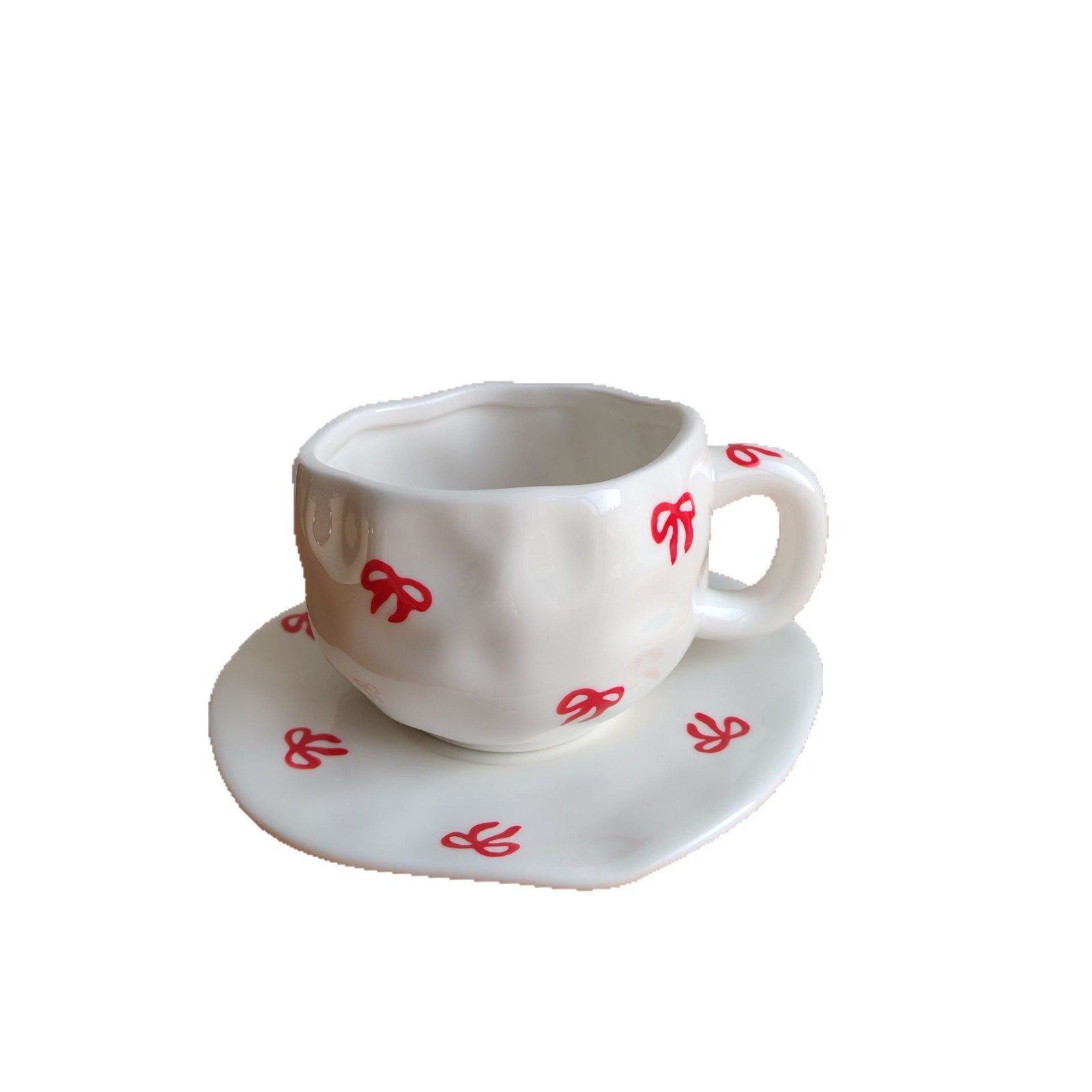 Taza de café de cerámica navideña irregular, linda taza con diseño de flores y corazones pintados a mano, juego de taza y platillo para té de la tarde