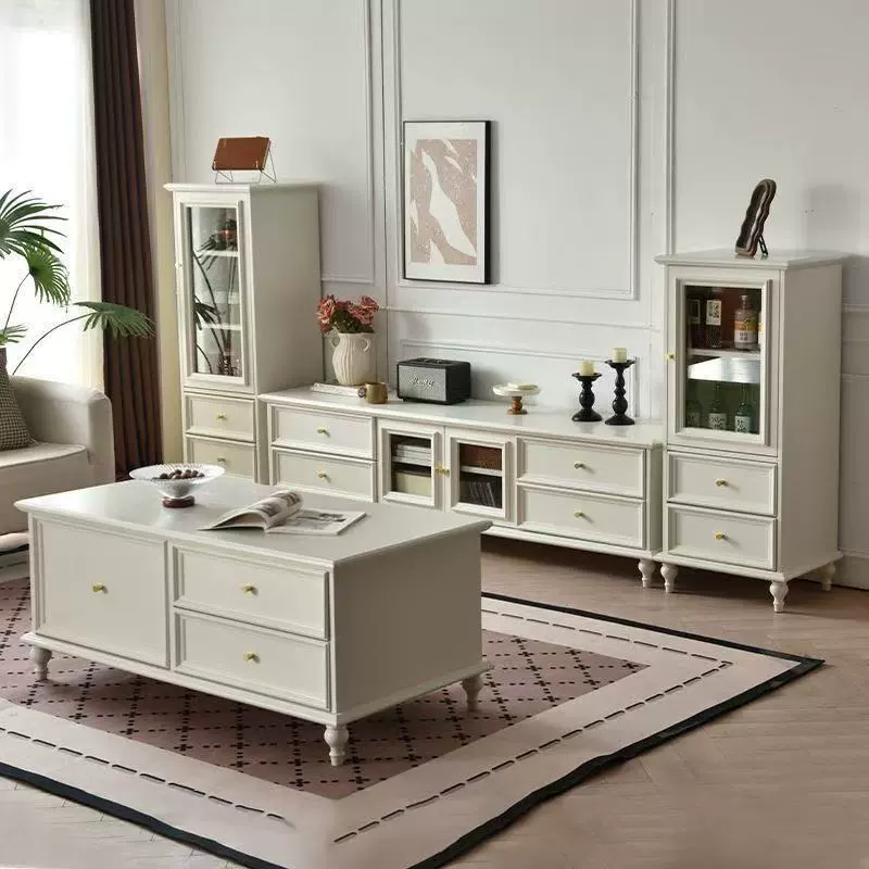 实木电视柜茶几组合奶油风客厅家用轻奢高级感小户型储物落地柜