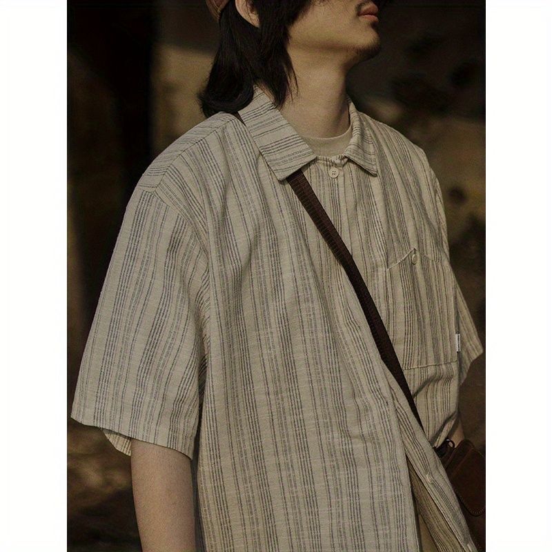 Japanese Vintage-Style Striped Shirts for Men and Women, Summer Short-Sleeve Retro Artistic Youthful Outfits, Trendy Outerwear Shirts Japanese Vintage-Style Striped Shirts for Men and Women, Summer Short-Sleeve Retro Artistic Youthful Outfits, Trendy Outerwear Shirts