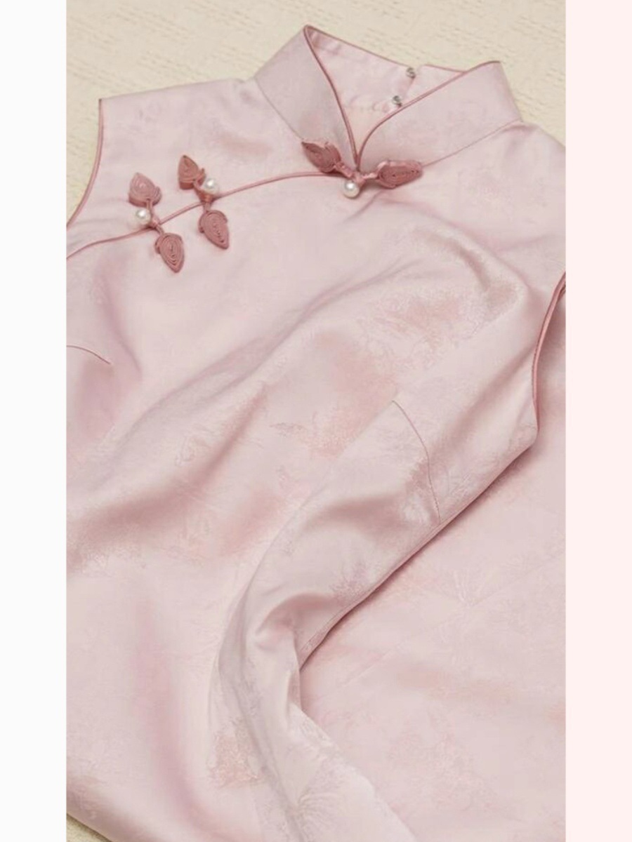 Váy sườn xám cách tân hoa anh đào hồng jacquard khóa cài áo Hán phục mùa hè — Màu hồng chi tiết 6