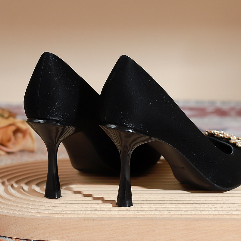 Rhinestone Square Buckle Black High Heels for Women's New Slim Heels, Niche Design, and A Sharp Toe Single Shoe That Won't Fade Away_voghion.com