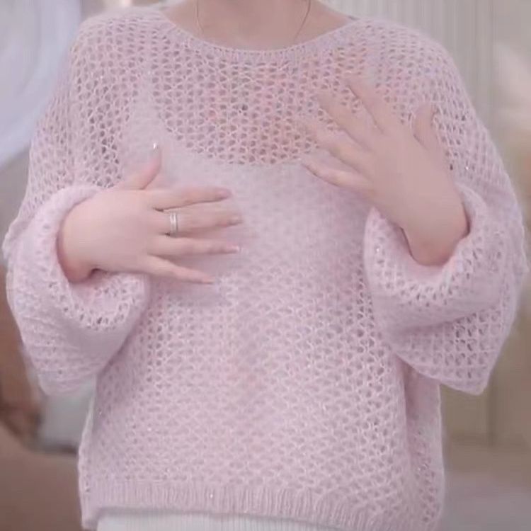 蓝色温柔慵懒风马海毛衣镂空毛针织罩衫早秋季上衣女装打底衫韩系|undefined