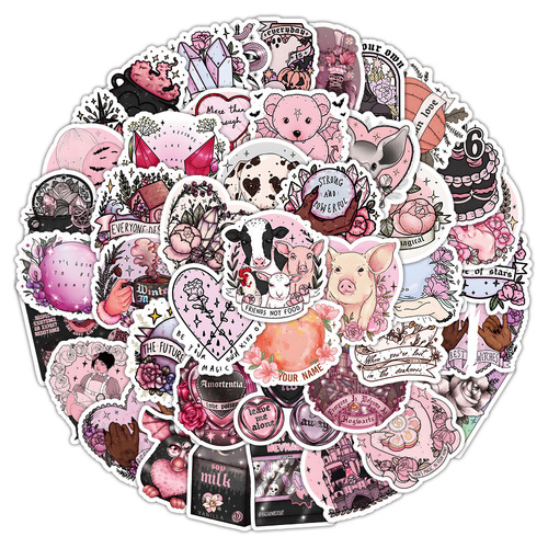 50张粉色主题涂鸦贴纸魔幻城堡森系动物粉色系列装饰滑板电脑贴画
