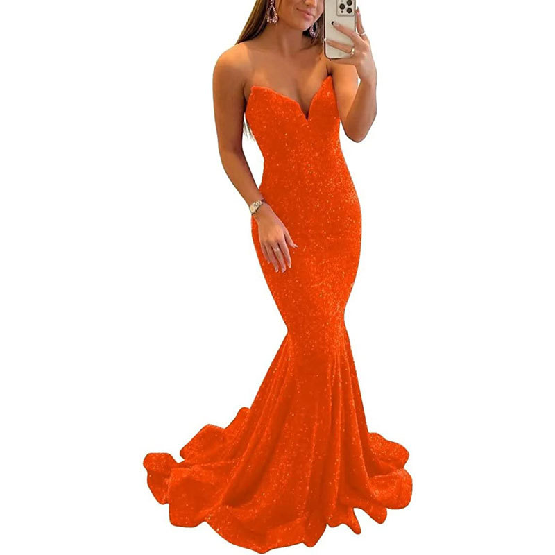 Europeo y americano Comercio exterior Amazon nuevo lentejuelas fishtail sexy V-cuello adelgazamiento largo banquete bola fiesta vestido de noche image 4
