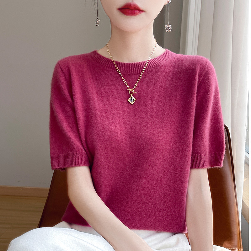 A line of clothing women's short sleeve round neck seamless sweater half sleeve slim fit T-shirt base sweater autumn and winter new