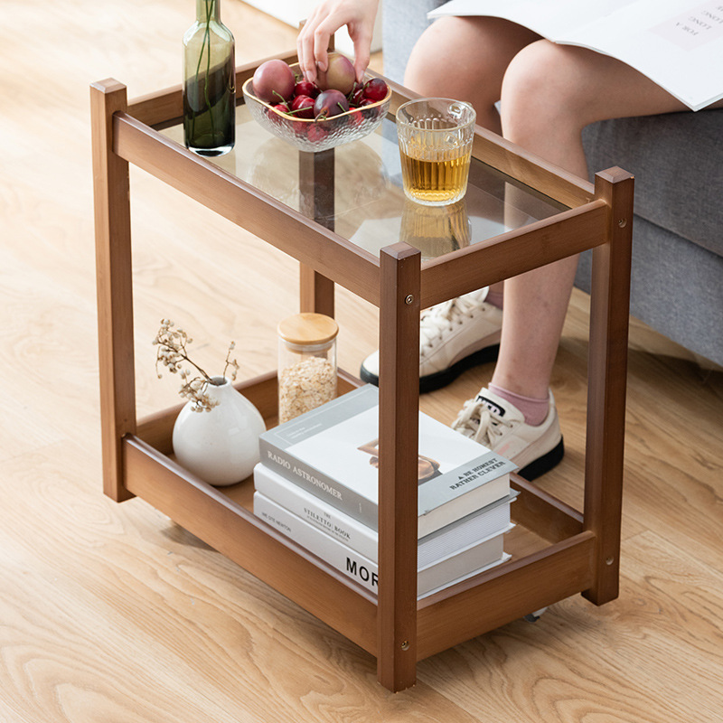 Pequeña sala de estar mesa de té de vidrio estilo ins sofá Carro Lateral moderno simple marrón móvil carrito de té Nuevo
