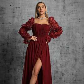 亚马逊跨境晚礼服新款女装长袖网纱方领优雅时尚礼服一件代发