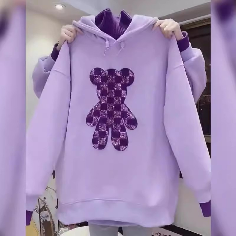 Huamian Composite Fat mm 150kg Half Turtle Collar Hooded Towel Embroidered Cartoon Bear Loose Fake Two-Piece Sweater Women's Jacket Huamian Composite Fat mm 150kg Half Turtle Collar Hooded Towel Embroidered Cartoon Bear Loose Fake Two-Piece Sweater Women's Jacket