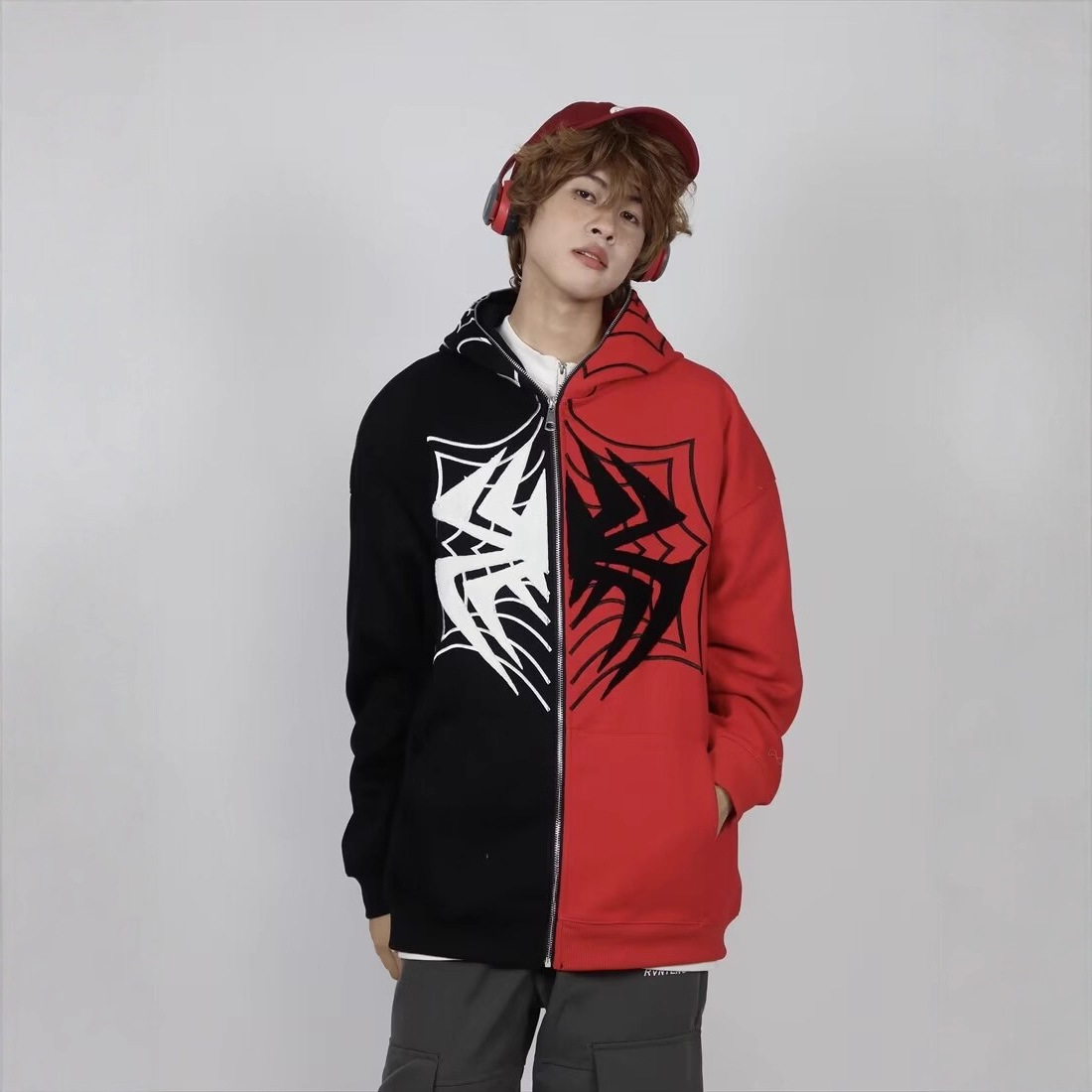 Trendy contrasterend Spider-Man-cartoonvest met rits voor heren en dames, losvallend model._voghion.com