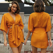 2022跨境专供欧美女装纯色胸前系绑带短款不规则下摆连衣裙