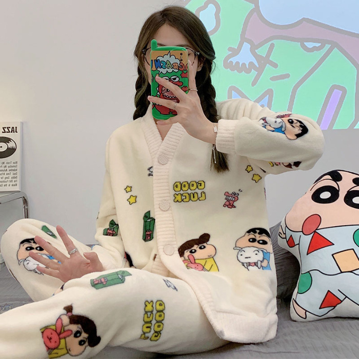 Varios pijamas de invierno de las mujeres con cuello en V cardigan de dibujos animados lindo forro polar engrosada franela traje homewear mujeres