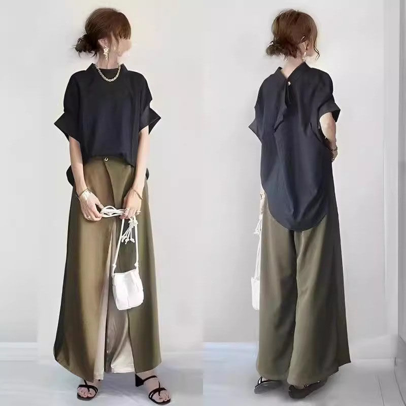 2025夏季新款套装日系蝙蝠袖上衣+拼接阔腿裤两件套套装黑拼绿色
