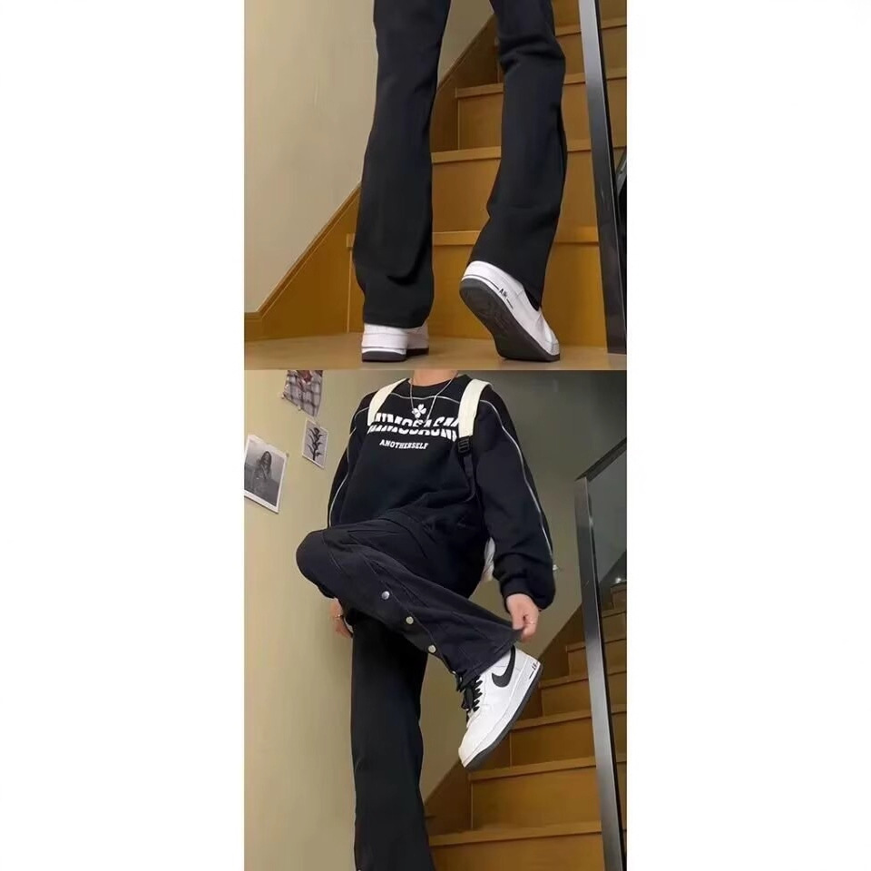 Jeans negros de estilo americano de hebilla de tendencia de otoño y invierno nuevos pantalones de hip-hop casuales de nicho de micro bocina
