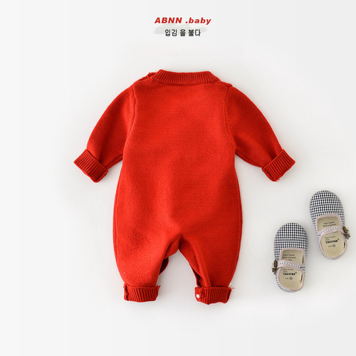 Baby autumn and winter one-piece clothes, cartoon knitted bunny sweater, newborn romper, baby festive outing clothes