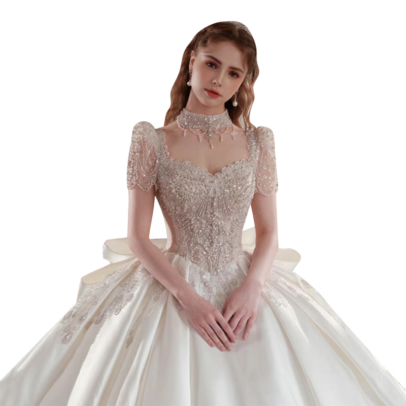 Vestido de novia principal de satén francés, modelo nuevo 2025 para novias pequeñas, artesanía de alta calidad, alta gama, talla grande, cola larga D106