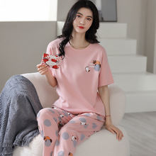 夏季睡衣女短袖长裤透气舒适纯棉卡通甜美印花可外家居服薄款套装