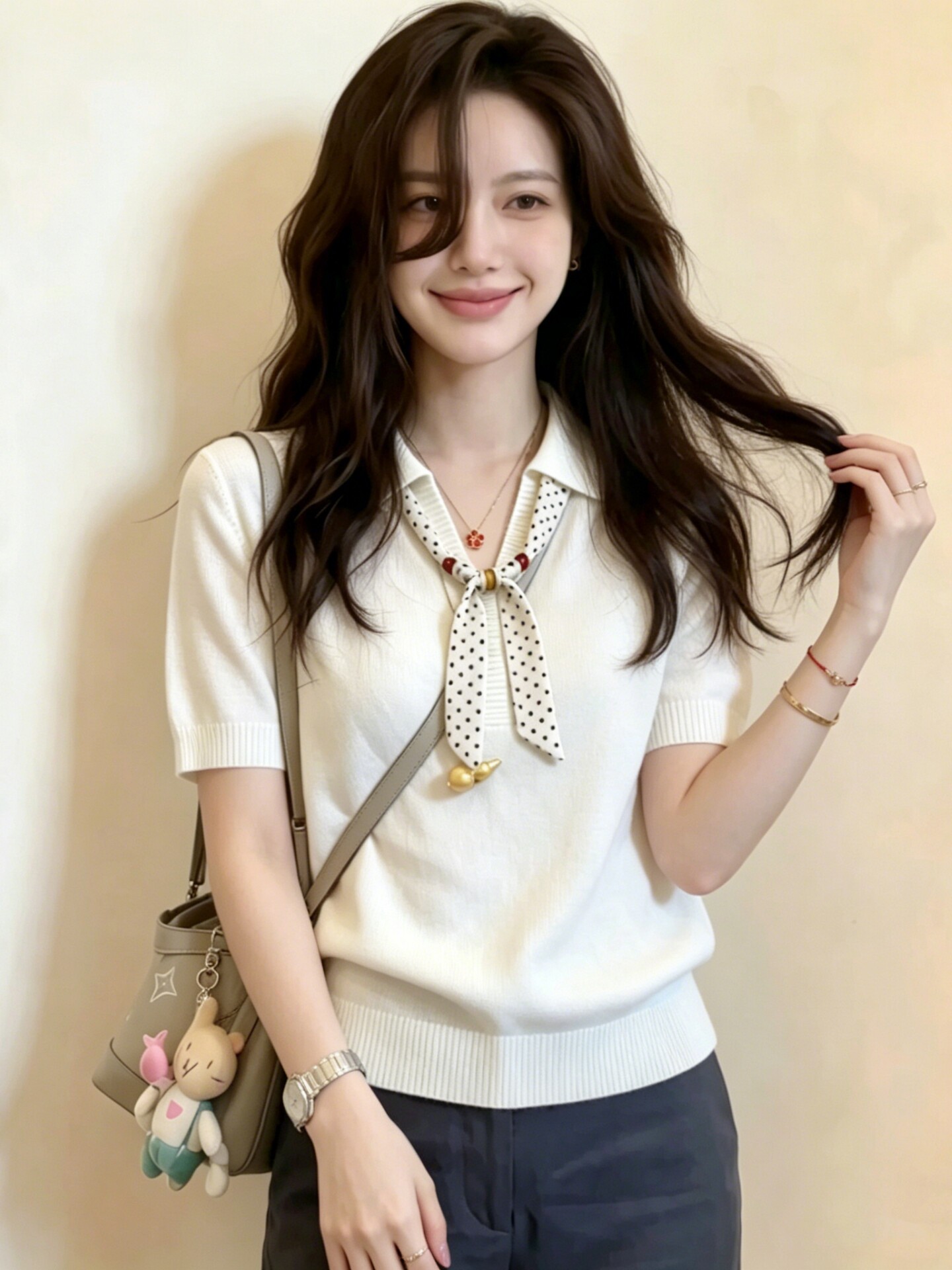 Áo thun nữ cổ Polo tay ngắn chất liệu lụa khăn thiết kế cảm giác mới — màu đen