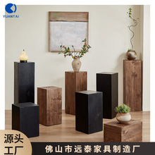 定制詫寂風實木方形花架客廳玄關落地擺件民宿復古木樁展示架跨境