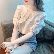 2024年新款夏季娃娃领雪纺衬衫女装时尚百搭上衣小衫短袖t恤衬衣